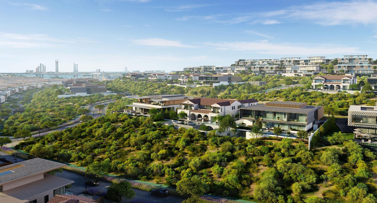 Premium hillside villa community overlooking Abu Dhabi skyline at Nawayef West
